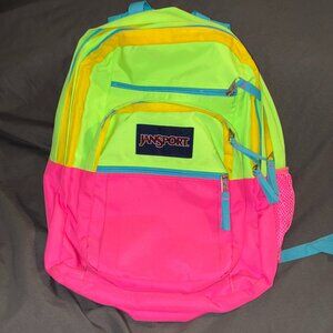 JanSport Backpack Fluorescent Pink Yellow Neon Blue Trim RARE Color Block
